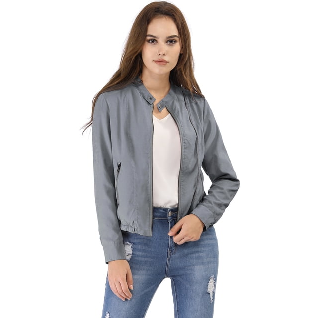 Chaqueta Corta de Motociclista con Cuello Alto Piel Sintética Asimétrica con Cremallera Frontal Gris S Allegra K