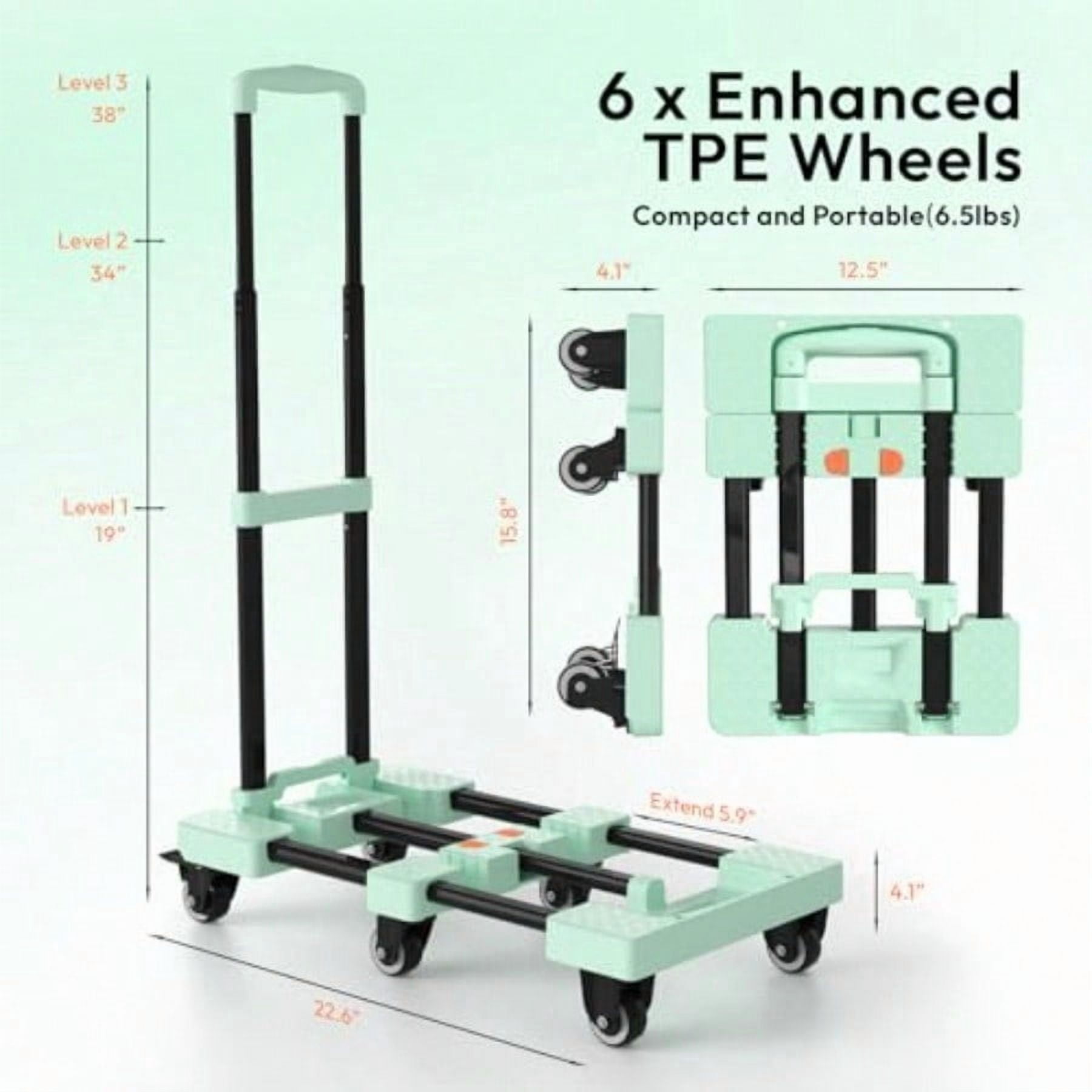 Folding Hand Truck 500lbs Portable Heavy Duty Dolly Cart 6 Wheels Collapsible Lage Cart with 2 Elastic Ropes Compact Trolley Cart for Easy Moving Ideal Hand Cart for Travel and More