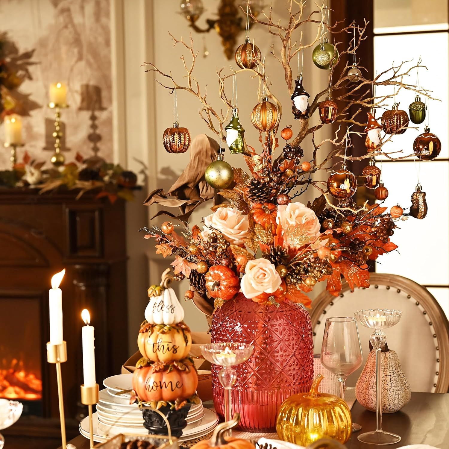 Autumn Christmas Tree Ornaments Set Hello Fall with Acorns Squirrels Pumpkins