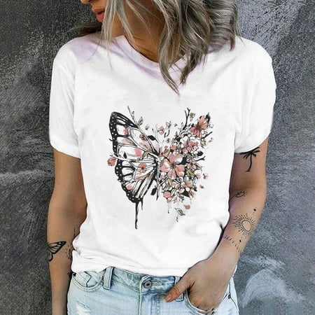 YFPWM Women's Casual T Shirts Butterfly Tops Flannel Shirts Fishing Shirts  Country Shirts Oktoberfest Crewneck T-Shirt Summer Letter Print Short