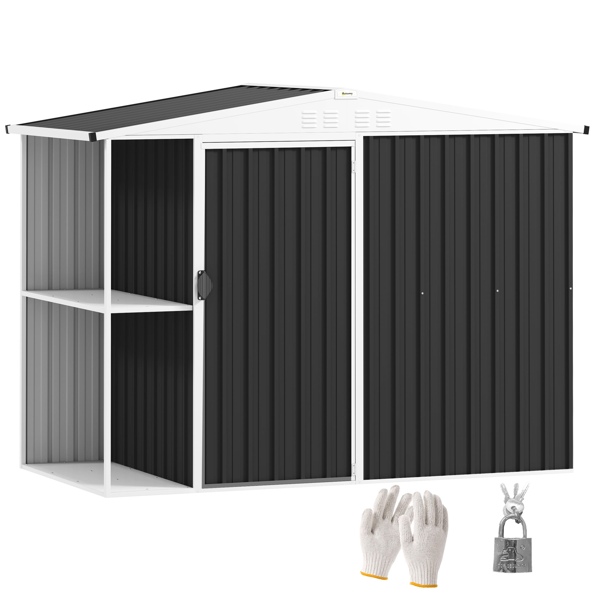 Outsunny 8 x 4ft Garden Storage Shed, Outdoor Metal Tool Shed with 2-Tier Storage Rack, Vents and Lock for Backyard, Patio, Lawn, Dark Gray