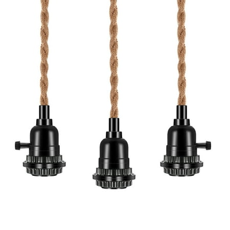 Triple Pendant Light Cord Kit, 3-Light Vintage Plug-In Hanging Pendant with Hemp Rope and Black