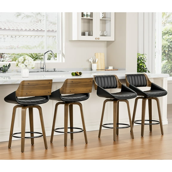 LainTene 26" Swivel Counter Height Bar Stool with Walnut Bentwood Frame, Faux Leather Seat & Footrest, Mid-Century Modern Chair for Kitchen Island, Bar, or Café (Set of 4)