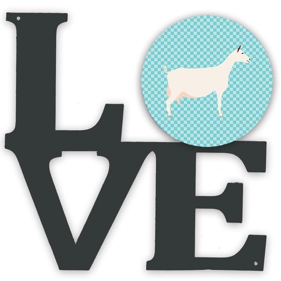 Saanen Goat Blue Check Metal Wall Artwork LOVE