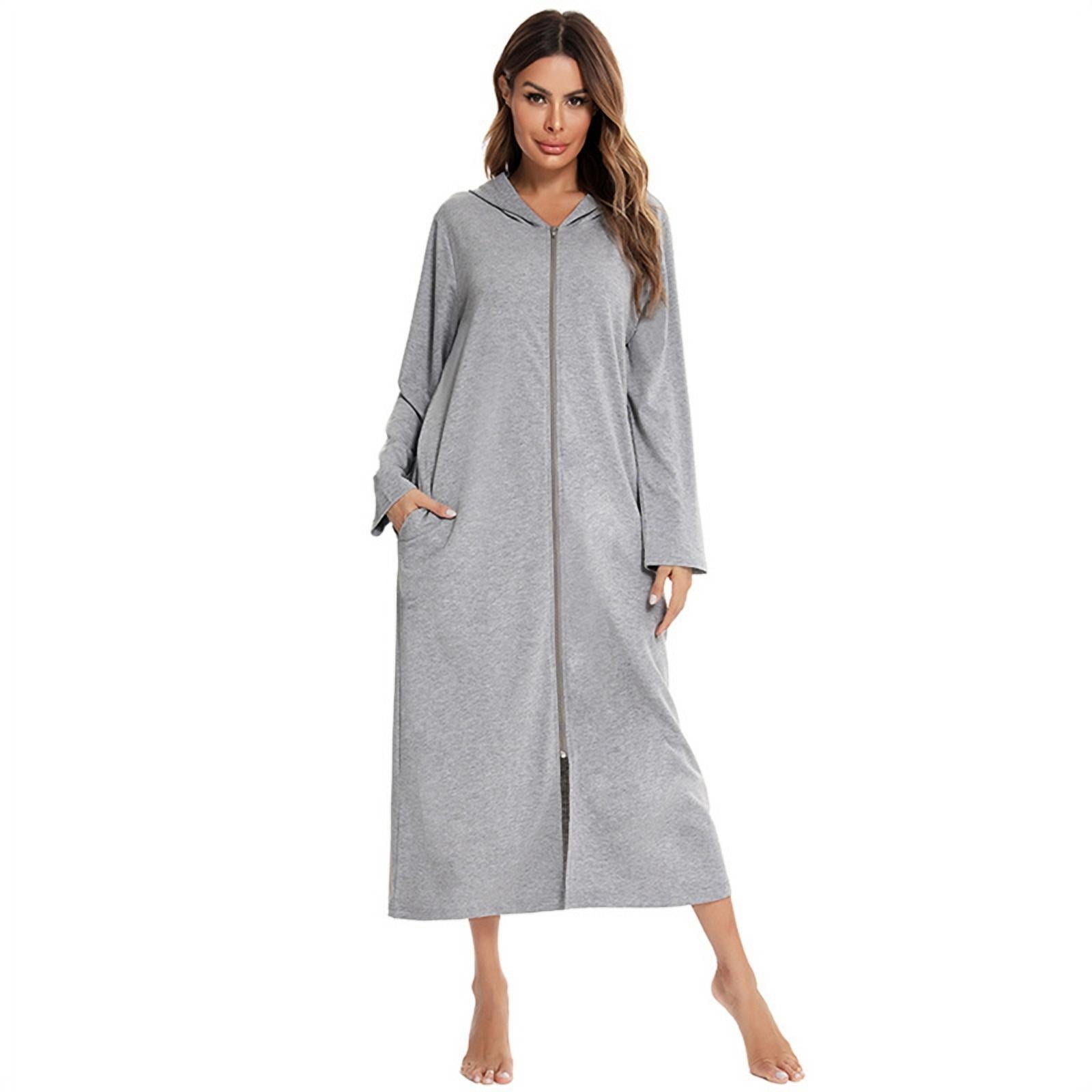 Ladies Soft Fleece Long Dressing Gown Sizes UK 10 to 24 Robe Zip Front Pockets 