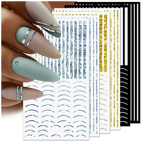 12 Sheets Laser Glitter French Lines Nail Stickers, Holographic Nail Art Stickers Bronzing Stripe Line Nail Decals Geometric Strips Arcs Curves Wave Lines Embossed Stickers Women Nail Supplies