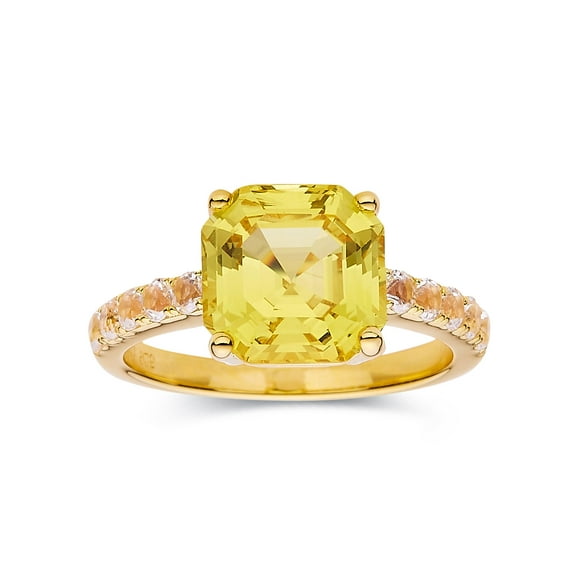Canary Yellow Sapphire Solitaire Ring in Asscher Cut -Created Yellow Sapphire Gemstone Statement Ring for Her 18K Gold Plated Sterling Silver Ring