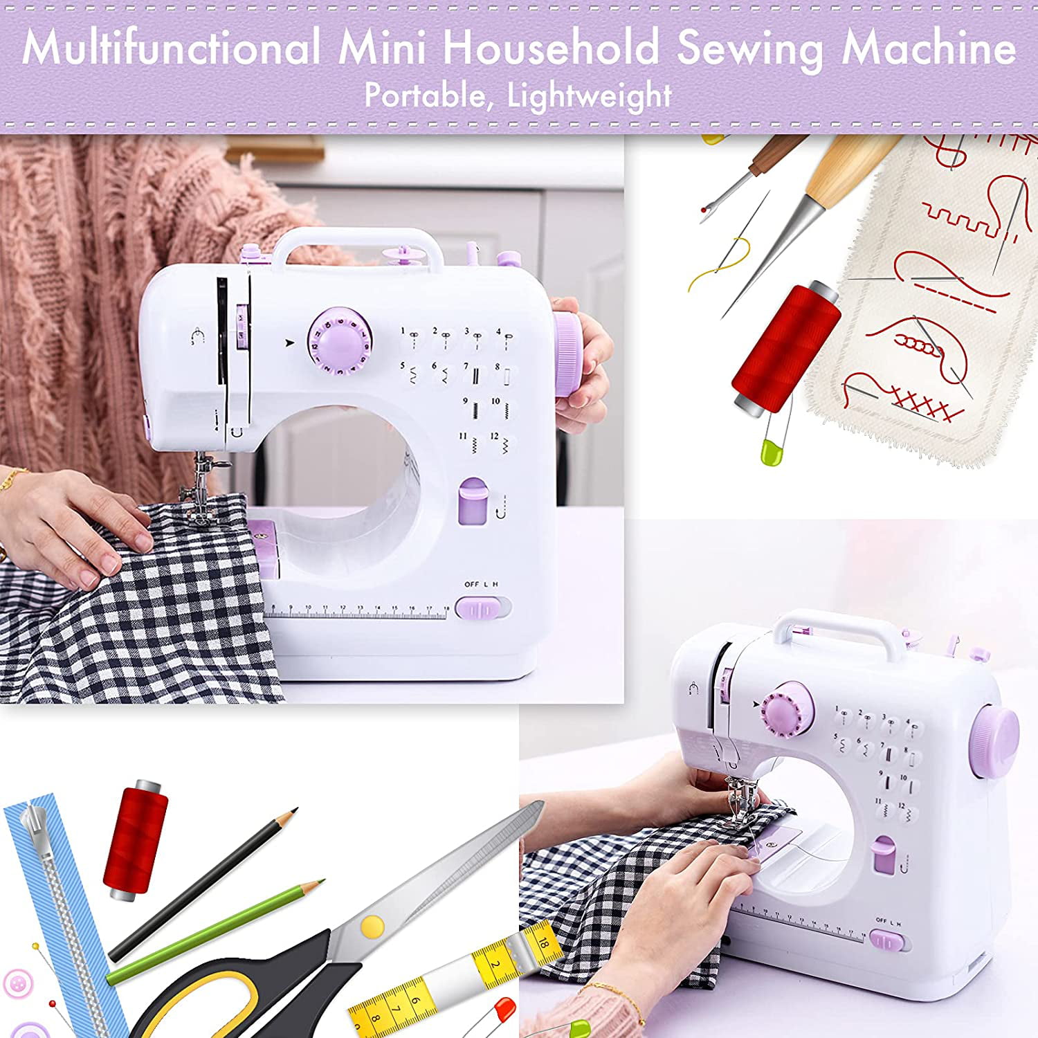 Viferr Electric Portable Mini Sewing Machine 12 Built-In Stitches 2 Speeds Double Thread,Foot Pedal, Size: 10.83 x 4.76 x 10.24, Pink