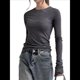 thumbnail image 3 of Camiseta de Larga con Cuello Redondo para Mujer, Camisetas Lisas Ajustadas, Tops Cortos para Salir de Otoño Y2K, Camisetas Ajustadas Lindas Gris L, 3 of 10