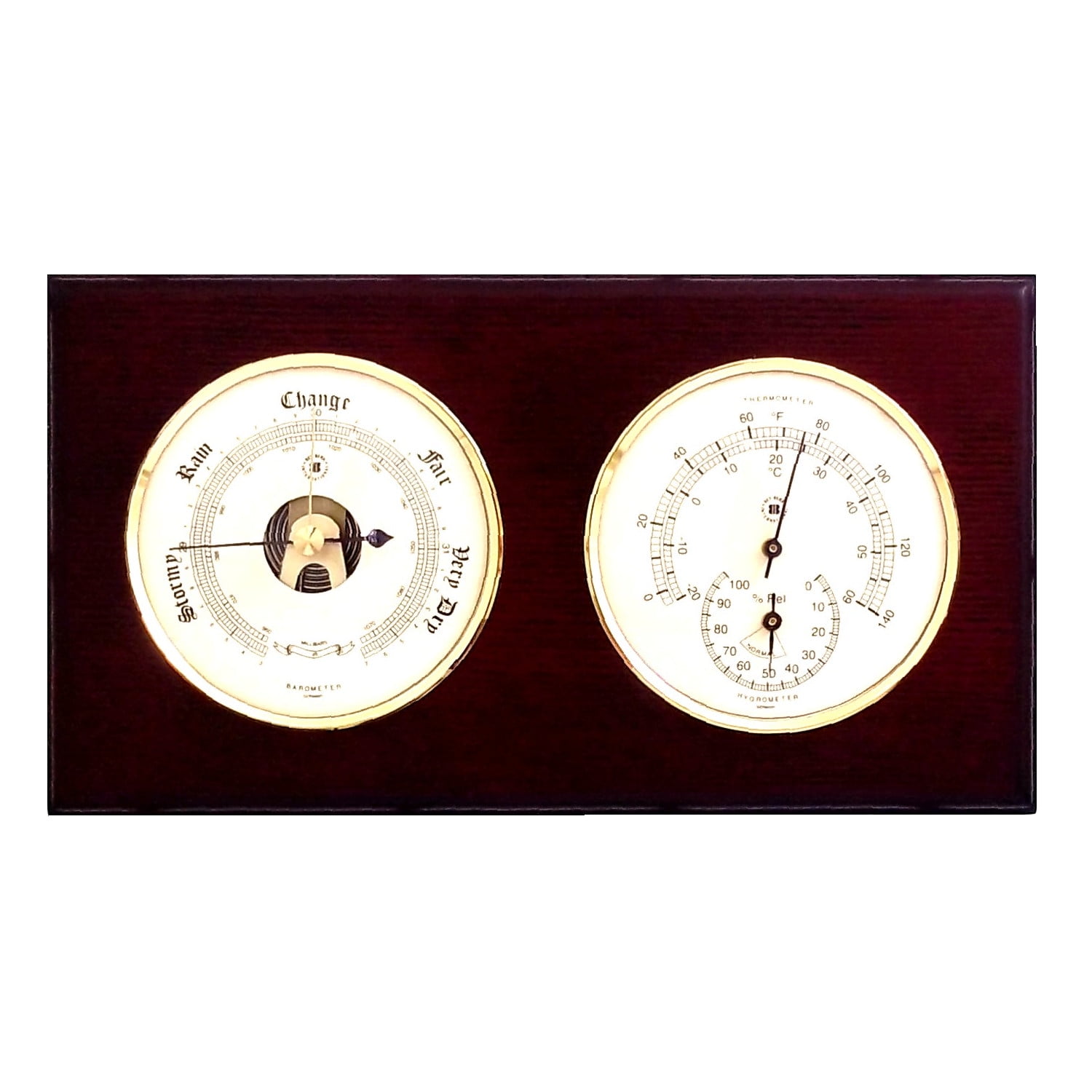 Barometer and Thermometer with Hygrometer on Mahogany Wood with Brass