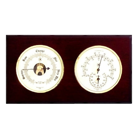 Barometer and Thermometer with Hygrometer on Mahogany Wood with Brass Bezel. Wall Mounts Vertically or Horizontally.