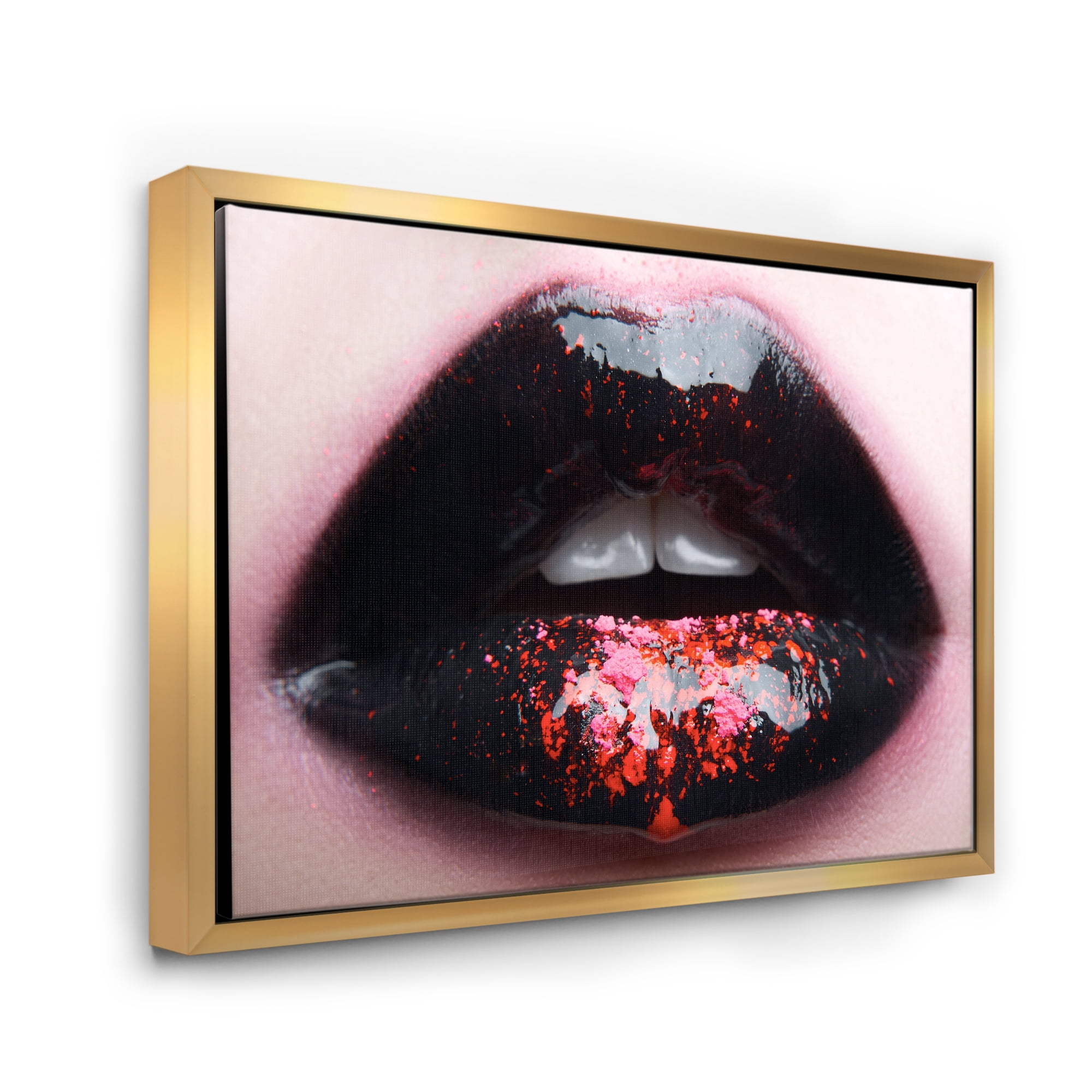 Designart 'Plump Woman Lips With Pink and Black' Modern Framed Canvas Wall Art Print