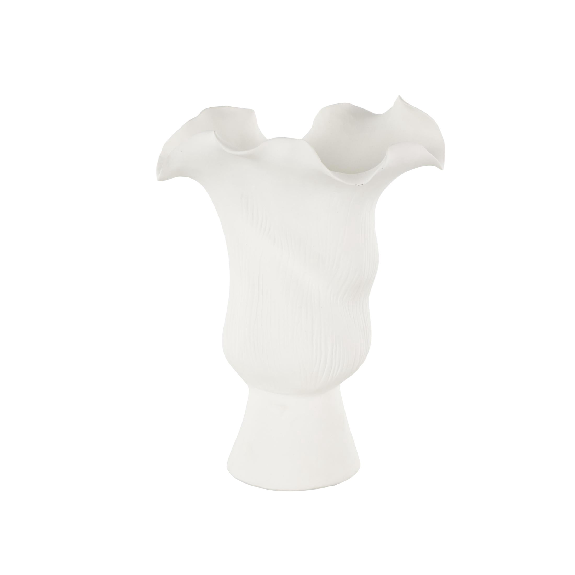 DecMode 11" Abstract Floral Inspired White Ceramic Vase with Wavy Folded Rim and Linear Grooves