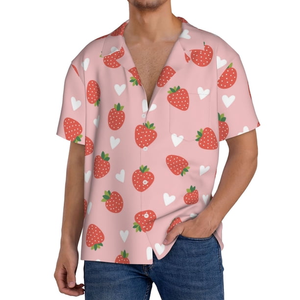 Balery Strawberry Camisa Casual de Manga Corta con Botones para Hombre, Texturizada, Estilo Cubano, para Playa, Verano-XX-Large