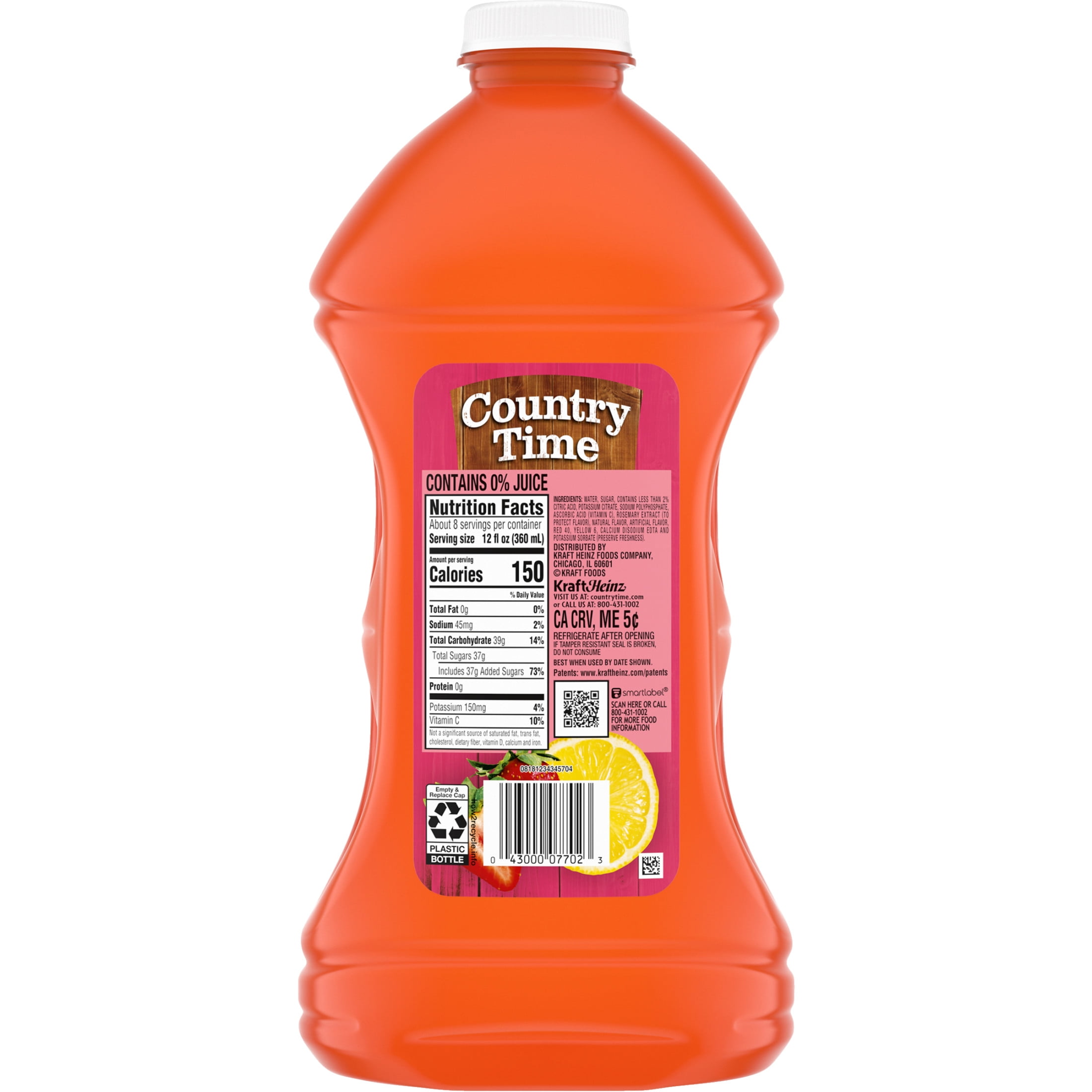 Country Time Artificially Flavored Drink, 1 Bottle, for Flavorful Hydration and Shareable Refreshment, Strawberry Lemonade, No Artificial Sweeteners, Good Source of Vitamin C, 96 oz