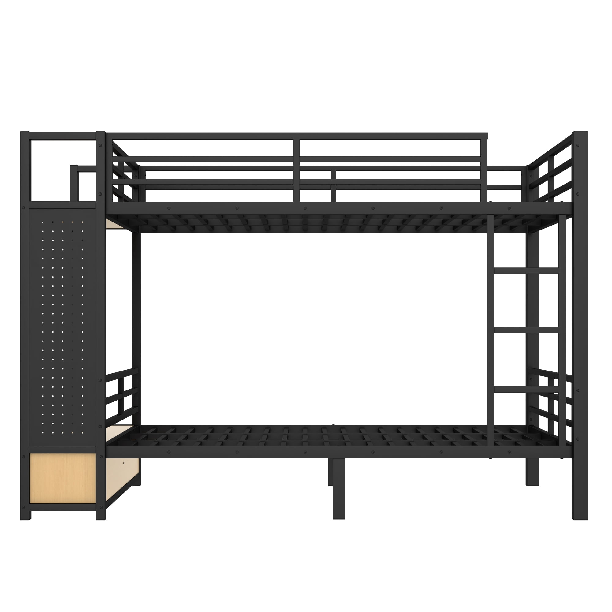 Leumius Queen over Queen Metal Bunk Bed with Built-in Wardrobe,Heavy Duty Loft Bed Frame with Storage Shelves,Drawers and Pegboard,Space-Saving,Black