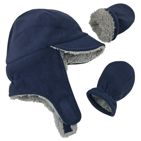 N'Ice Caps Little Boys Baby Sherpa Lined Fleece Brim Hat & Mitten Winter Set - Toddler Kids Navy
