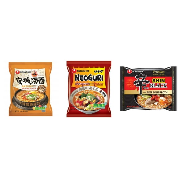 3 Pack Korean NongShim Gourmet Spicy Shin Instant Ramen Noodle, 3 Flavors(Ansung,Neoguri,shin black) Plus NineChef Brand Long Handle Coffee Spoon