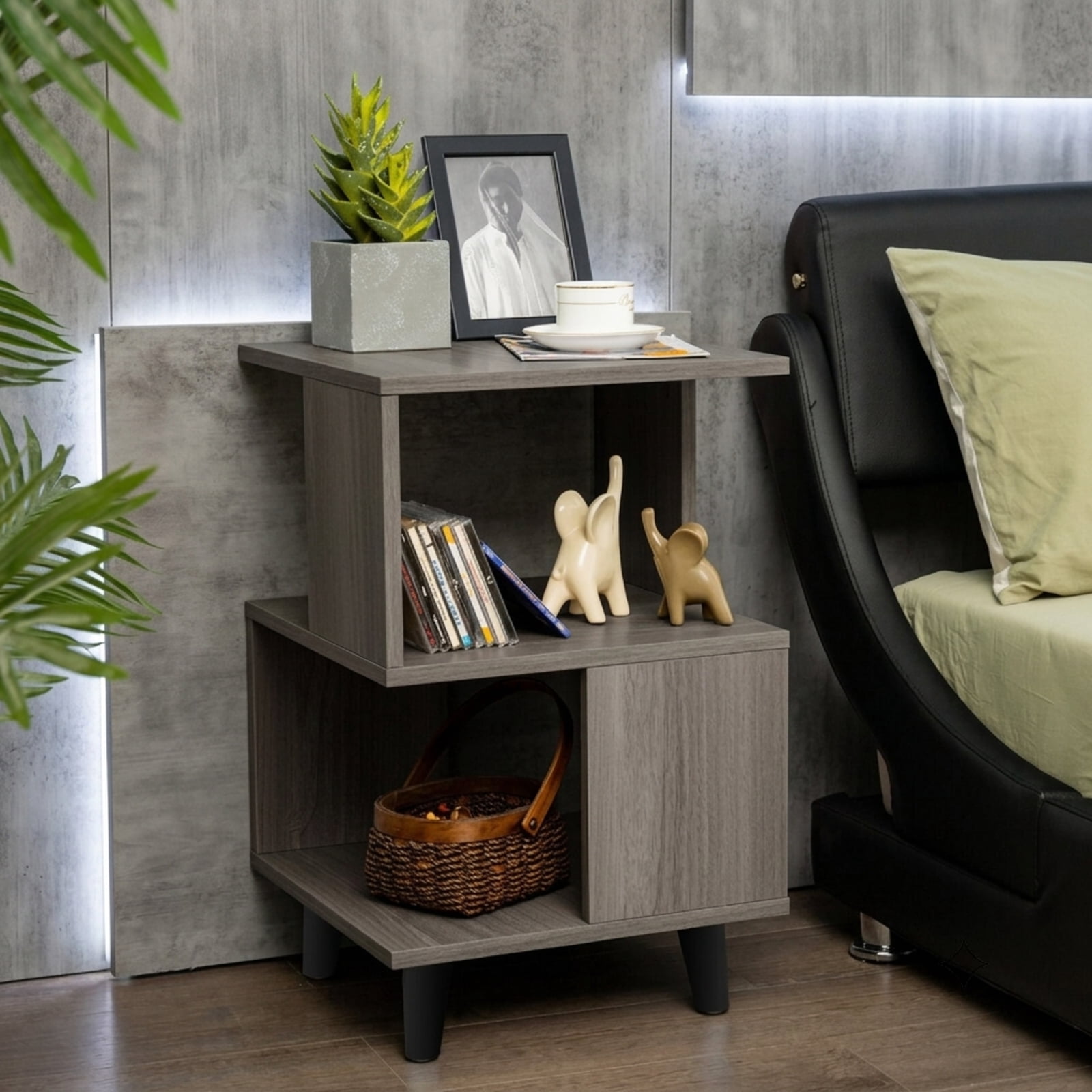 Furnibear Set of 2 Wooden Nightstands with Legs and Open Display Shelf Bedside Tables for Bedroom Living Room and Small Spaces, Grey
