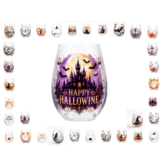 Halloween Artisan Glassware Collection, Multipurpose Clear Stemless Drinking Glass with Dual 2D Graphic & 3D Raised Halloween Motif, Spooky Pumpkin Black Cat Style, Party Table Decor (AE)