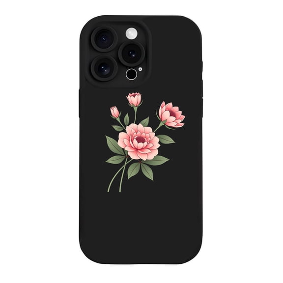 iPhone 15 Pro Case - Lightweight Yellowing Resistant with Elegant Floral Design: Pink Flowers & Green Leaves on Dark Background