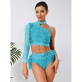 thumbnail image 3 of inlzdz Womens Dancewear Set Shiny Sequins One Shoulder Long Sleeve Crop Top with Feather Triangle Shorts Sky Blue S, 3 of 6