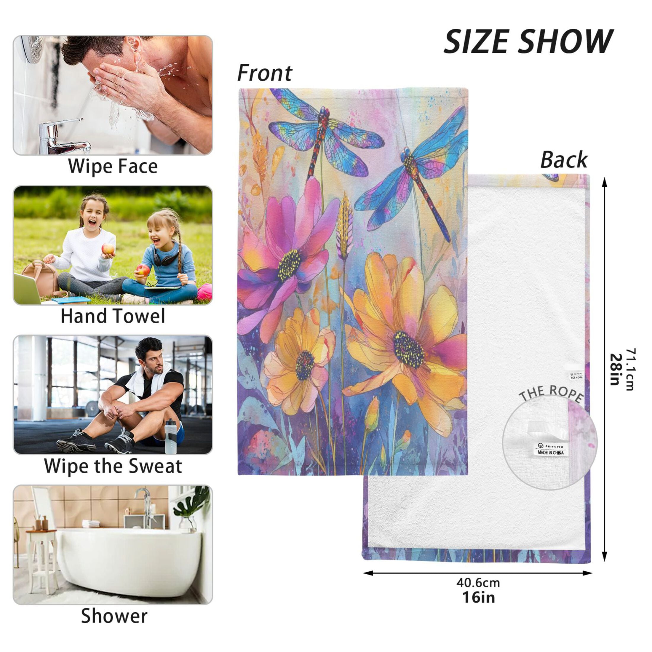 2 Pieces of Cotton Towel Face Towel Set Hand Towel Bath Towel Cotton Bath Towel Sets Blue Dragonfly