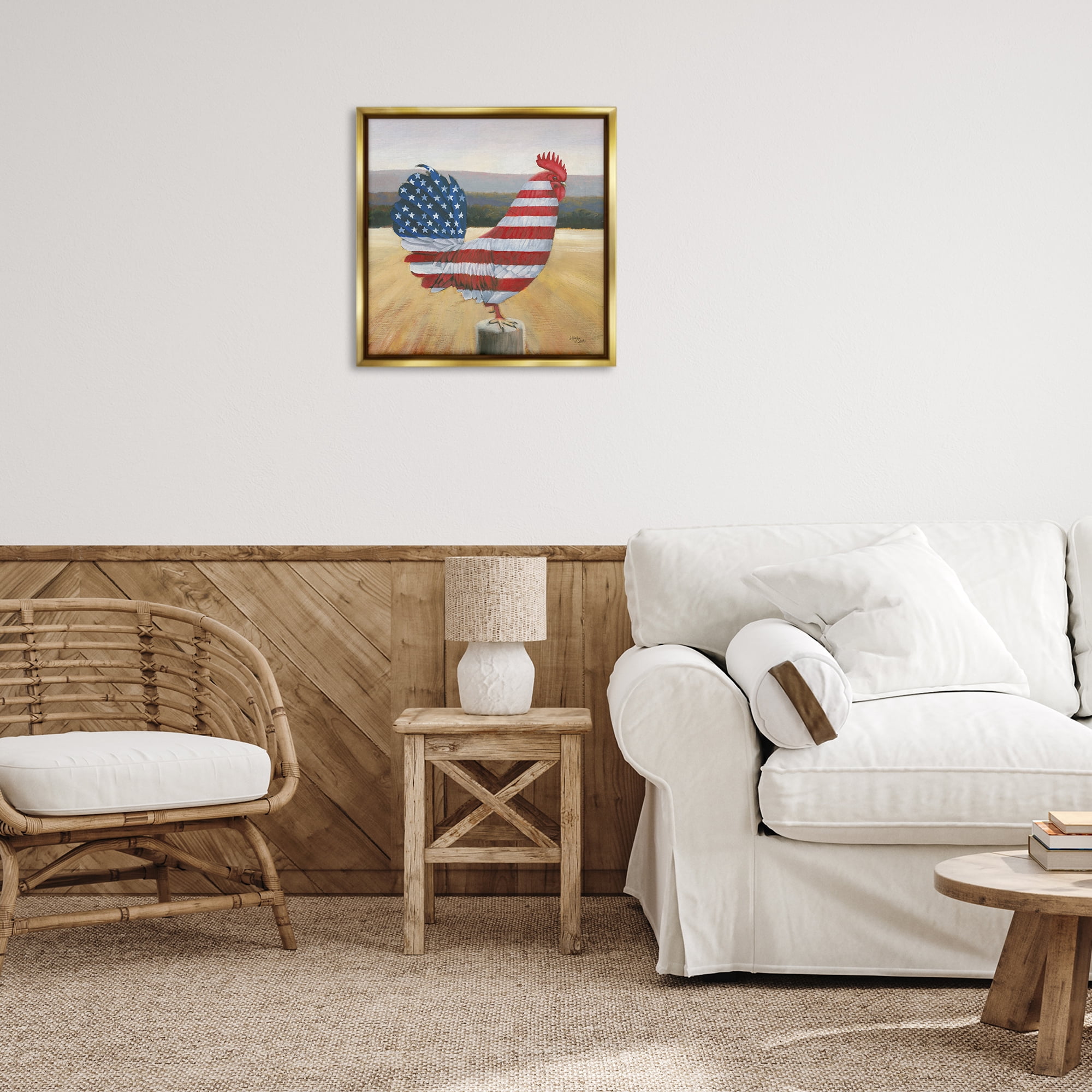 Stupell Industries American Flag Rooster Animals & Insects Painting Gold Floater Framed Canvas Art Print Wall Art, 25 x 25