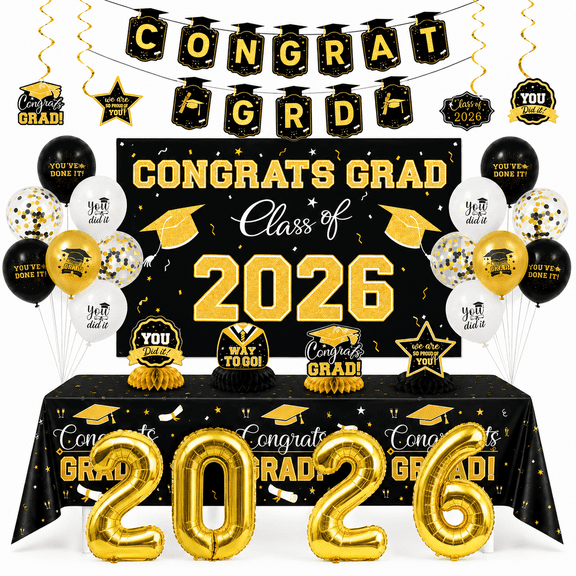 2026 Graduation Decorations Black and Gold, Class of 2026 Graduation Balloons and Party Decor Set for High School College Grad Party Supplies (Style 2)
