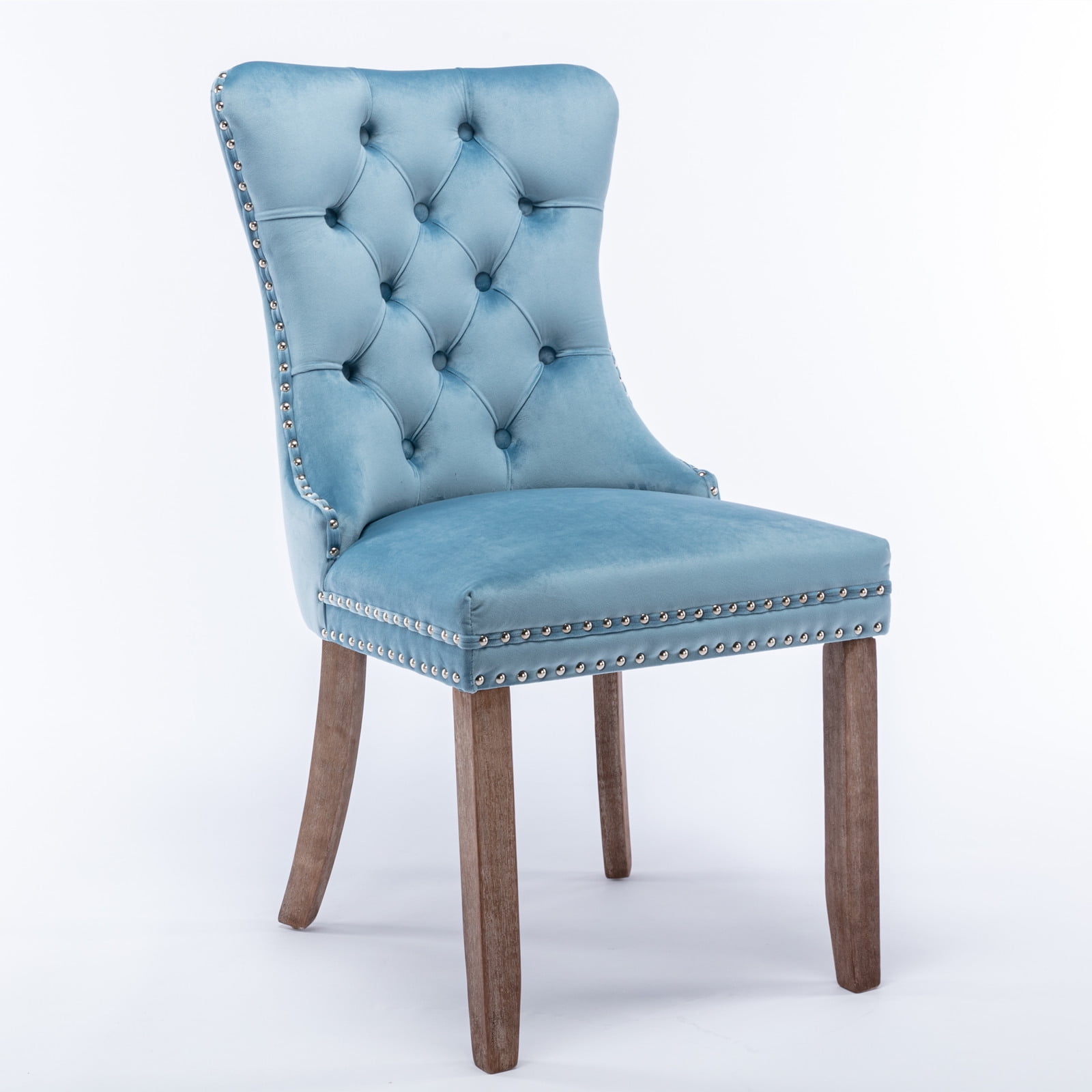 Yoneston Dining Chairs Set of 2, Upholstered High-End Tufted Dining Room Chair with Nailhead & Ring Pull Trim, Modern Velvet Chairs with Solid Wood Legs for Kitchen, Light Blue