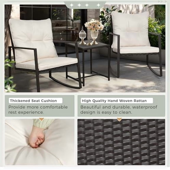 SUNCROWN 3 Piece Outdoor Rocking Bistro Set Black Wicker Furniture Porch Chairs Conversation Sets with Glass Coffee Table, Beige