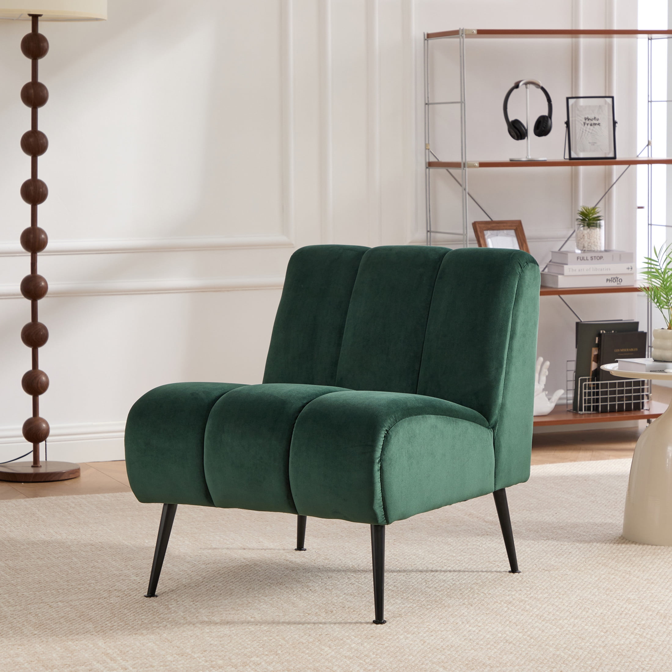 Noble House Ashton 24.4" Velvet Armless Accent Chair, Modern Upholstered Lounge Chair with Metal Legs, Green