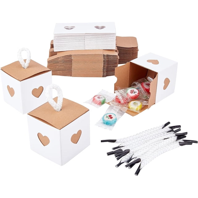60 cajas de dulces de papel kraft, mini cuadradas, con ventana en forma de corazón. Cajas pequeñas para envolver dulces, ideales para regalos, bodas y fiestas. Incluyen cordón de nailon.