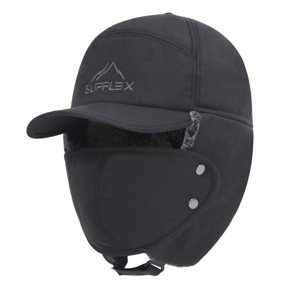 GGMCN Winter 3 in 1 Thermal Fur Lined Trapper Hat with Ear Flap Full Face Warmer Cover Windproof Insulated Baseball Cap Cycling Motorcycle Snow Ski Hat Headwear (Black)