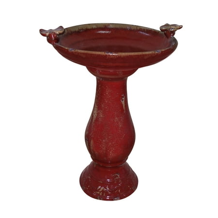 24 Inch Antique Ceramic Birdbath With Birds -Red