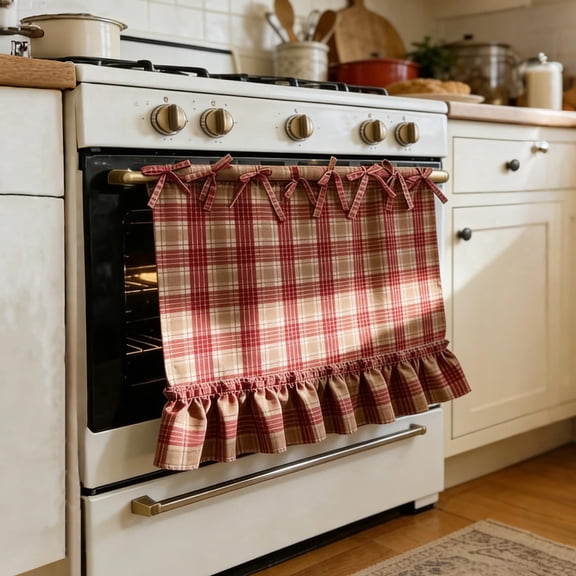 Oven Skirt with Ribbon Ties – Farmhouse Kitchen Stove Curtain with Ruffled Trim, Decorative Front Cover for Oven