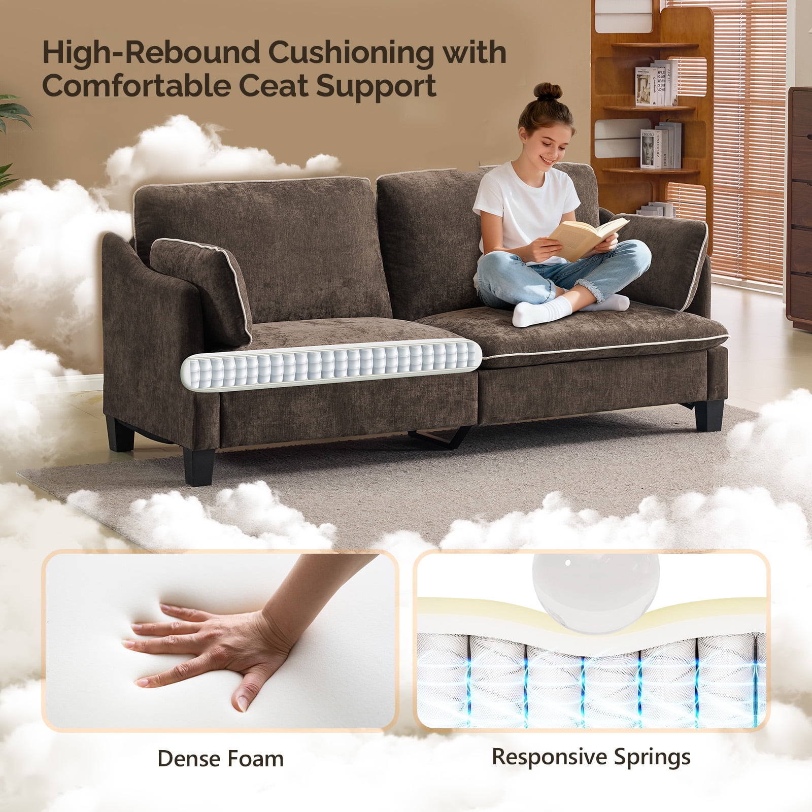 Ktaxon 84" Sofa, Linen Fabric Deep Seat Couch with Lumbar Pillows, Oversized Loveseat for Small Spaces, Living Room Brown
