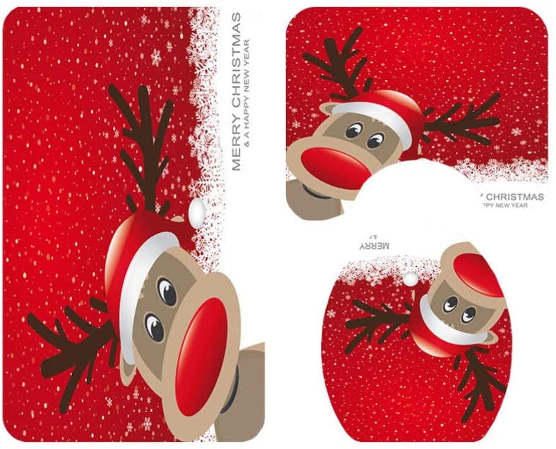 Contour Mat Christmas Theme Funny Snowman Pattern Soft Absorbent Bath Shower Mat Lid Cover with Non-Slip Rubber Backing 3 Piece Bathroom Rug Set