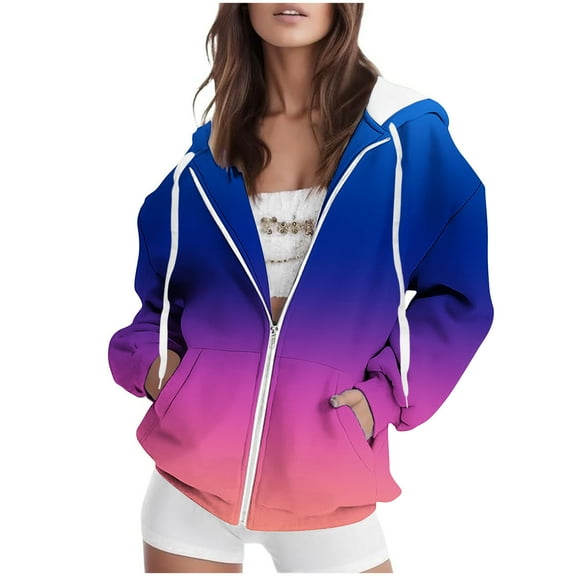Zip Up Hoodie Women Drawstring Long Sleeve Sweatshirt Gradient Color Hoody Jackets Warm Fleece Top Fashion Casual Womens Hoodies Fall Cardigan Cotton Loose Zipped Sweater Tops 01-dark blue XL