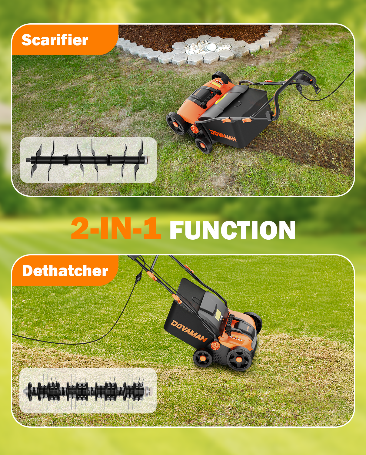 DOVAMAN Electric Lawn Dethatcher & Scarifier, 16-Inch 15A 2-in-1 Corded Tool with 5-Position Depth Adjustment and 12-Gal Collection Bag