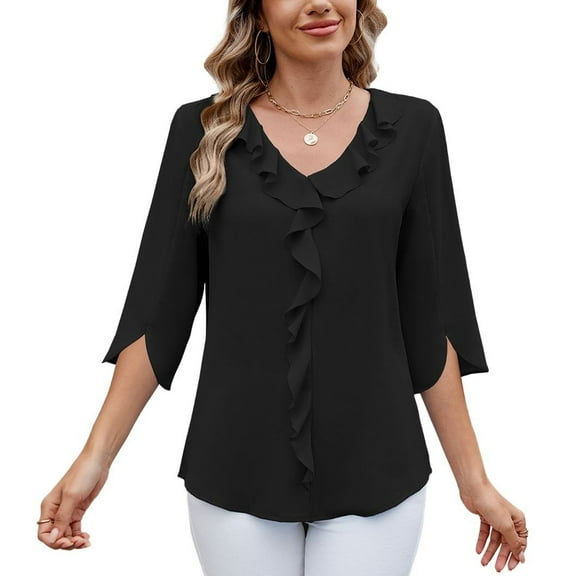 SWSMCLT Women's V Neck Top Ruffle Blouse Fall Fashion Chiffon Blouse Top Summer Casual 3/4 Sleeve Black Large