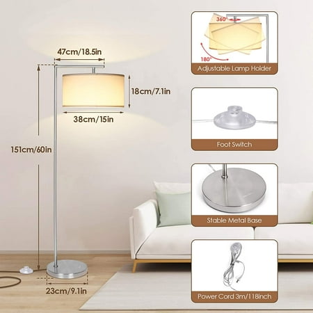 Finydr Floor Lamp For Living Room Modern Standing Accent Lamps With Fabric Hanging Rotatable Lampshade Max 60w Bulb Foot Switch 60in Tall Pole Light Bedroom And Office Sliver Metal Finydr Floor Lamp For Living Room, 7 Foot Tall Floor Lamp