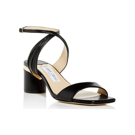 JIMMY CHOO Womens Black Padded Ankle Strap Ruched Jago Square Toe Block Heel Buckle Leather Dress Heeled Sandal 38