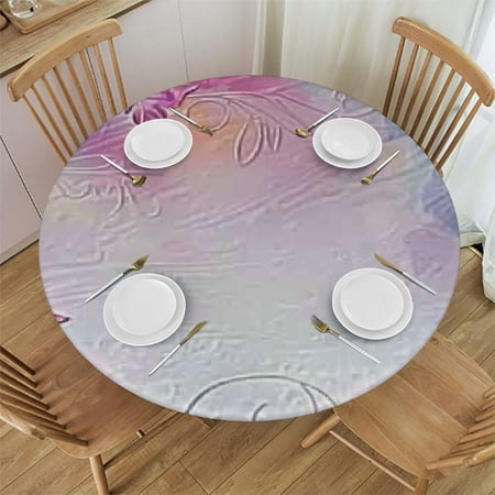 BANET Cartoon Round Elastic Fitted Tablecloth Flowers and Butterflies Wavy Leaves Summertime Design for Kitchen Dinning Tabletop Decoration Outdoor Picnic Fits Round table Pink White Maroon 46 -50