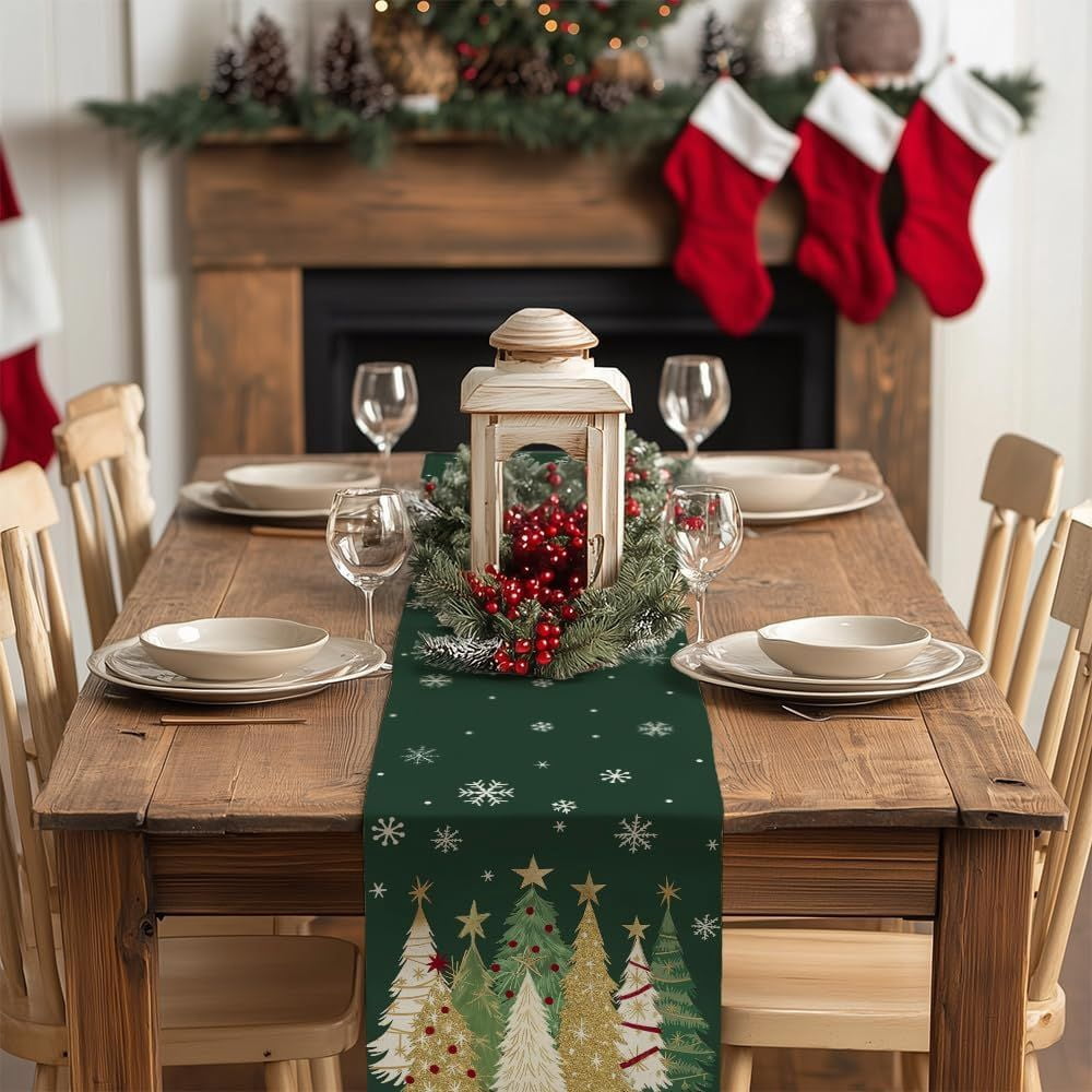 Christmas Table Runner 13x90 Inch, Xmas Trees Snowflakes Holiday Decorative Farmhouse Table Decoration for Kitchen Dinning, Indoor Outdoor Dinner Party Decor