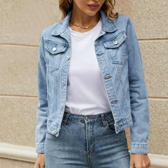 Tianiyouqing Denim Jacket for Women Distressed Jean Jackets Button Up Vintage Western Trucker Jacket Frayed Hem Pockets Light Blue XXL