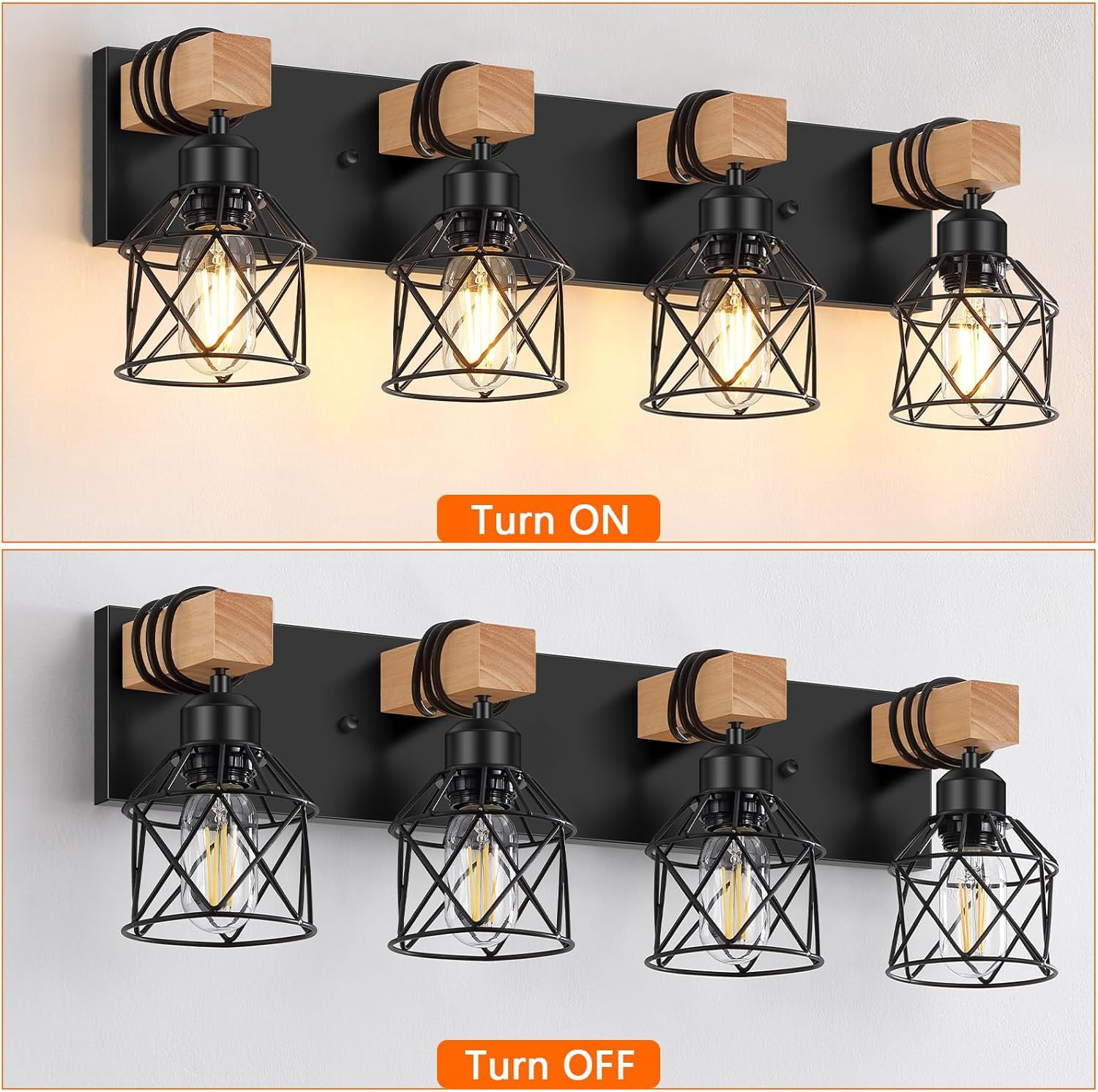 4-Light Farmhouse Wood Bathroom Vanity Lights over Mirror with Metal Cage Lampshade Rustic Bathroom Light Fixtures for Mirror, Living Room, Bedroom, Hallway