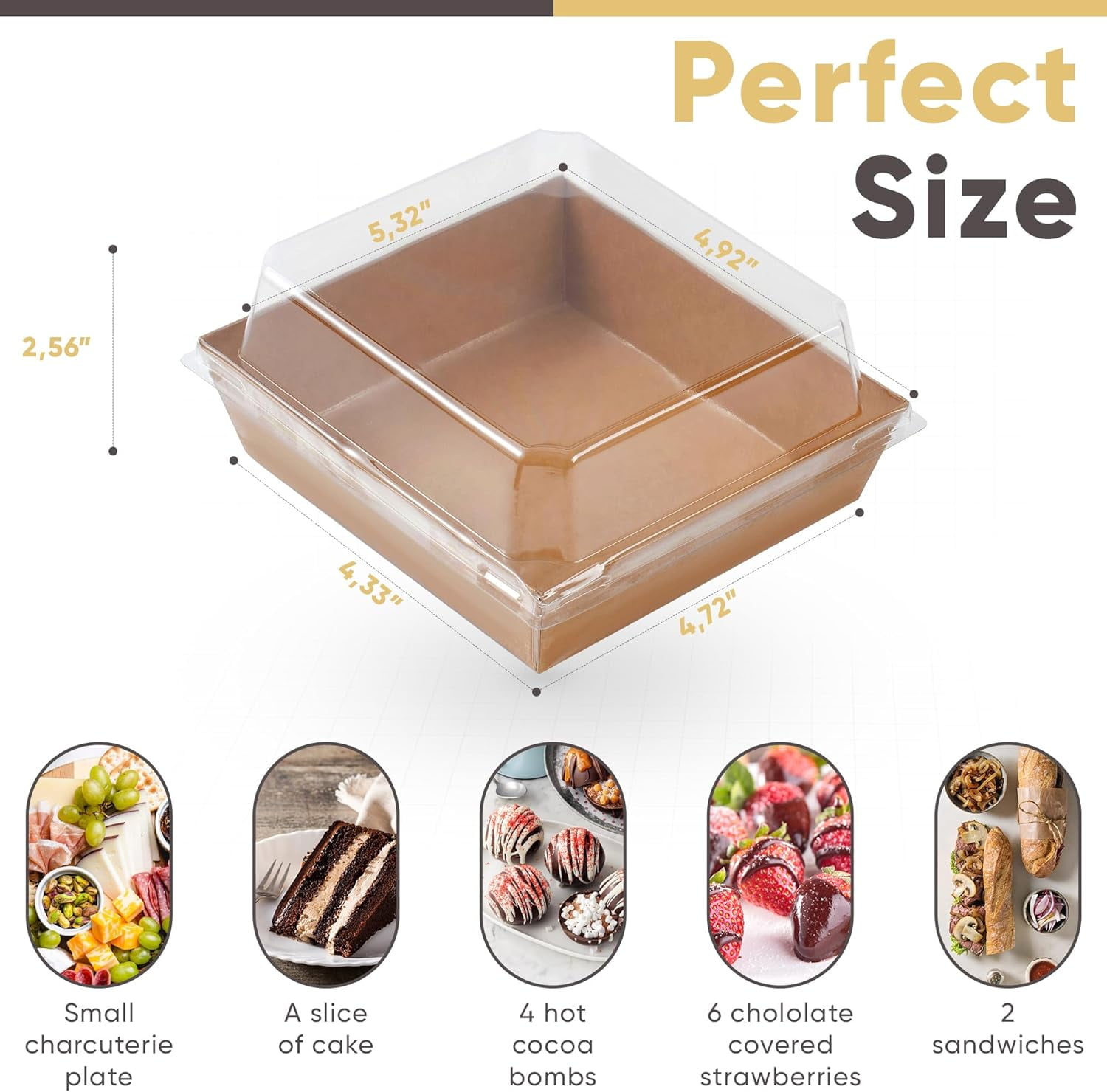 50 Pack Small Charcuterie Boxes with Clear Lids - To Go Paper Mini Charcuterie Box, Disposable Food Containers, 5 Inch Dessert Boxes (Brown)