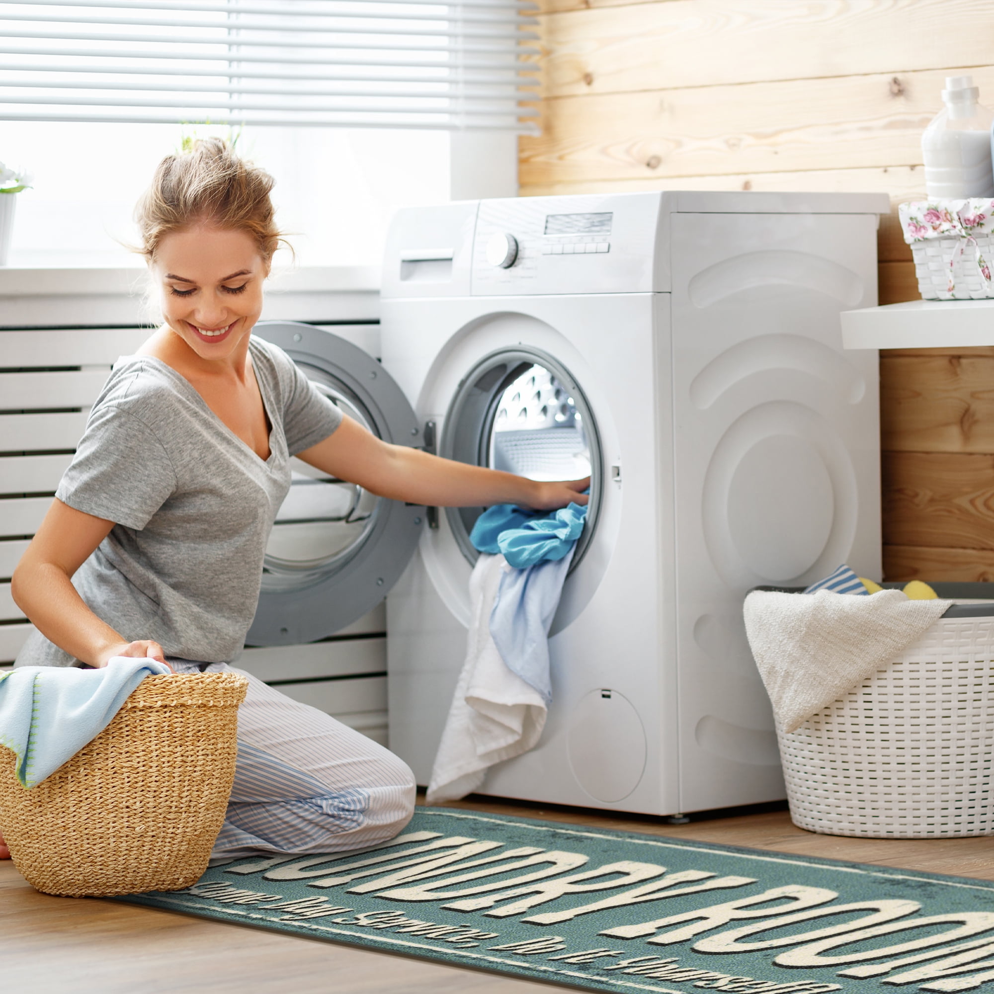 Ottomanson Non-Slip Rubberback Text 2x5 Laundry Room Runner Rug, 20" x 59" Oval, Baby Blue