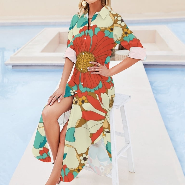 Red Orange Turquoise & Brown Retro Floral Pattern Long Sleeved Shirt Dress clothes - Walmart.com Red Orange Turquoise & Brown Retro Floral Pattern Long Sleeved Shirt Dress clothes - Walmart.com